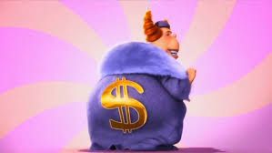 A cartoon image of a figure wearing a large, fur-collared purple coat that resembles a money bag with a dollar sign on it.