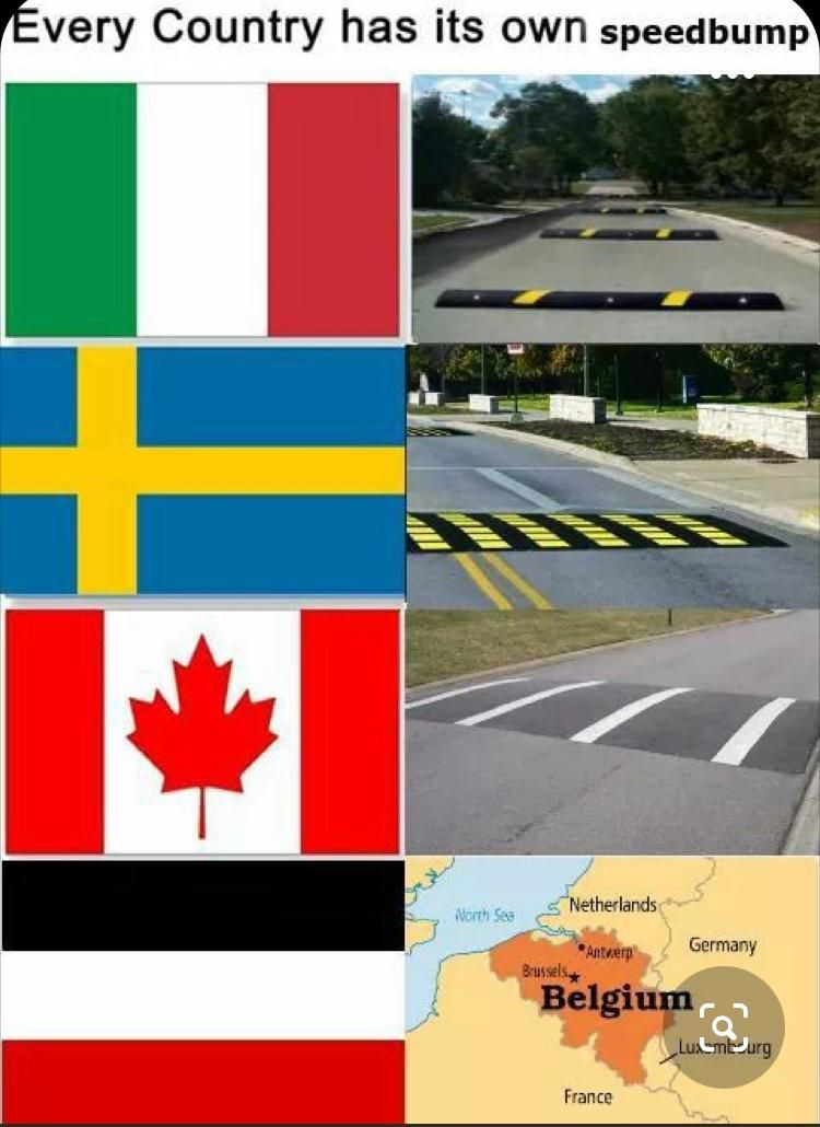 The image shows four flags of different countries. Next to each flag there is an image of a speed bump from that country. The flags are: Italy, Sweden, Canada and what seems to be a map of Belgium.