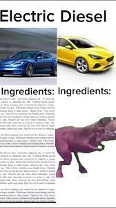 A meme with the text "Electric" and "Diesel" at the top, with a blue Tesla under the "Electric" heading and a yellow diesel car under the "Diesel" heading. Below each car, the text "Ingredients:" is displayed. There is a page of text underneath the Tesla and a magenta creature underneath the diesel.