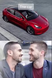 The image is split into two parts. The top part shows a red Tesla car parked on a concrete surface. The bottom part shows a picture of two men looking at each other smiling.