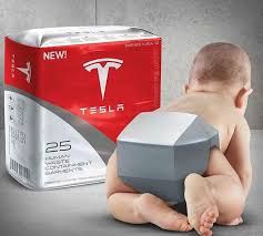 A baby is on all fours, wearing a Tesla-branded diaper. In the background, there's a box of these diapers with the words "NEW!" and "TESLA" on it. A smaller text on the diaper package reads: "25 HUMAN WASTE CONTAINMENT".