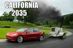 The image shows a red Tesla car driving on a road with a trailer hitched to it. The trailer has a generator on it emitting a large plume of black smoke. The text above the car reads "CALIFORNIA 2035".