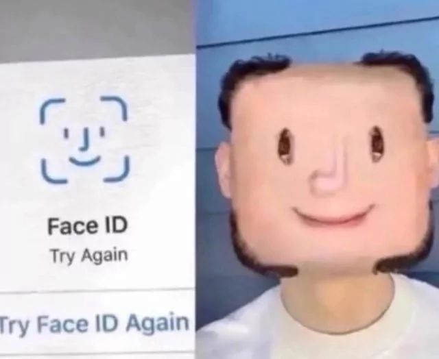 The left side shows an iPhone screen that says "Face ID, Try Again. Try Face ID Again." The right side is a photo of a man with a distorted, square-shaped face, resembling a Minecraft character. He has blocky features, including a square head, eyes, and mouth.