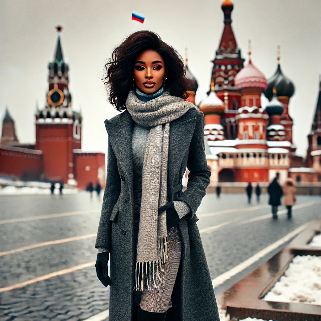 A stylish, dark-skinned woman with dark, wavy hair is standing in a snowy square. She's wearing a grey coat, a grey scarf, and black gloves. In the background, there are buildings, including the colorful domes of Saint Basil's Cathedral. A small Russian flag is floating at the top of the image.